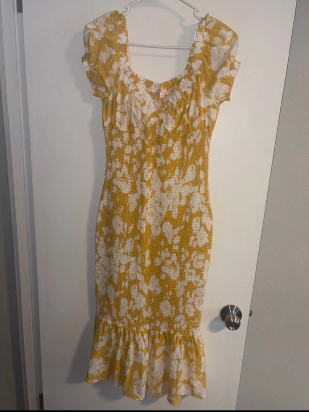 Luxxel Yellow and White Floral Smocked Midi Dress with Ruffle Hem